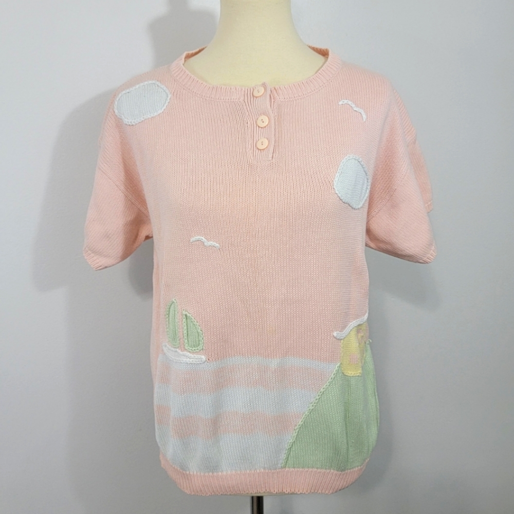 Vintage Light Pink Beach Scene Knit Short Sleeve Sweater